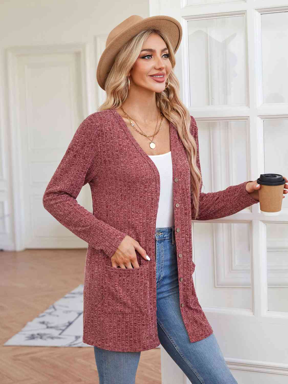 Ribbed Button Up Cardigan with Pockets BLUE ZONE PLANET