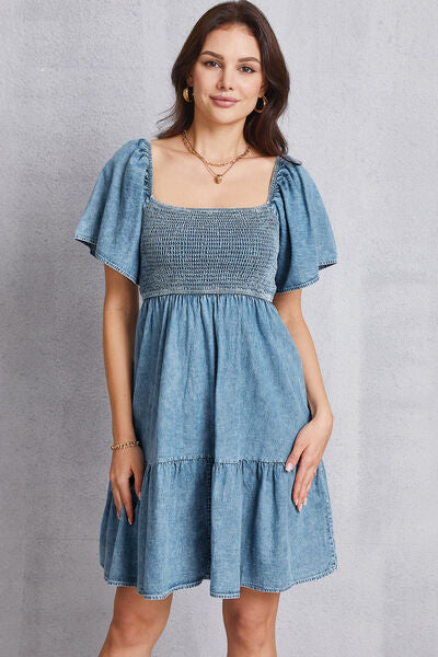 Smocked Square Neck Mini Denim Dress-TOPS / DRESSES-[Adult]-[Female]-2022 Online Blue Zone Planet