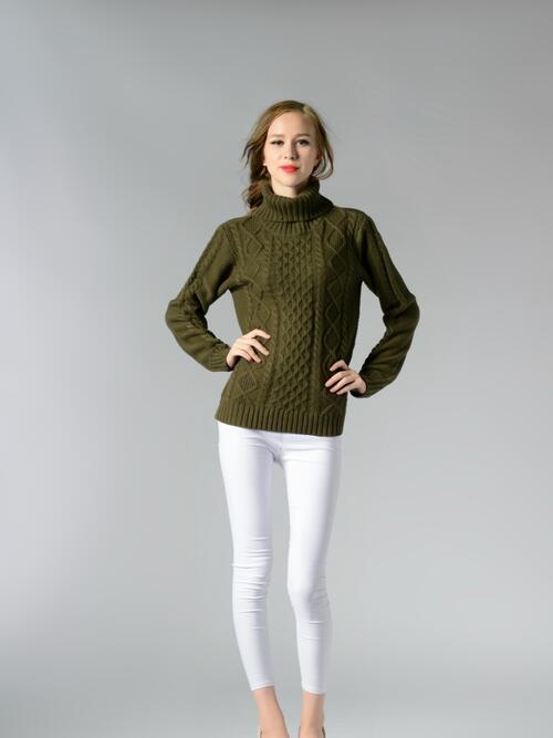 Cable-Knit Turtleneck Long Sleeve Sweater BLUE ZONE PLANET