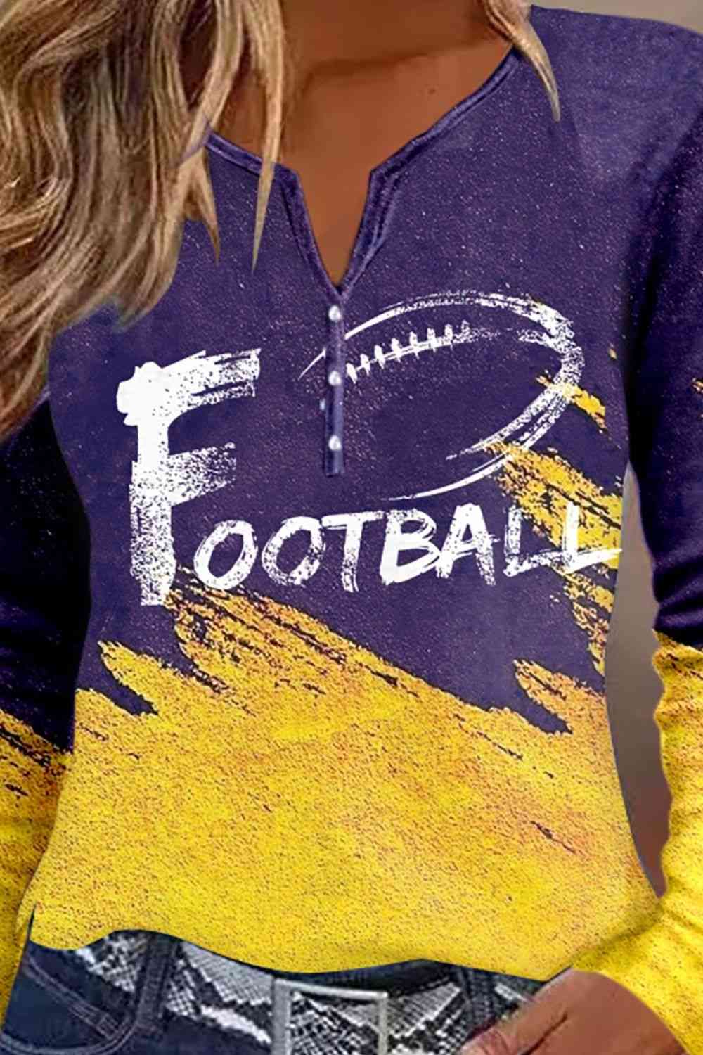 FOOTBALL Graphic Notched Neck Long Sleeve T-Shirt BLUE ZONE PLANET