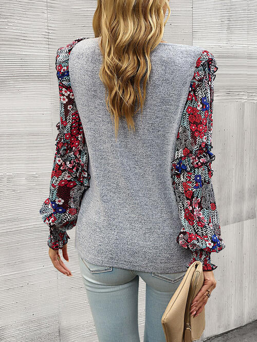 Round Neck Contrasting Color Printed Lantern Sleeve Top BLUE ZONE PLANET