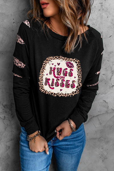 HUGS AND KISSES Leopard Round Neck Sweatshirt-TOPS / DRESSES-[Adult]-[Female]-2022 Online Blue Zone Planet