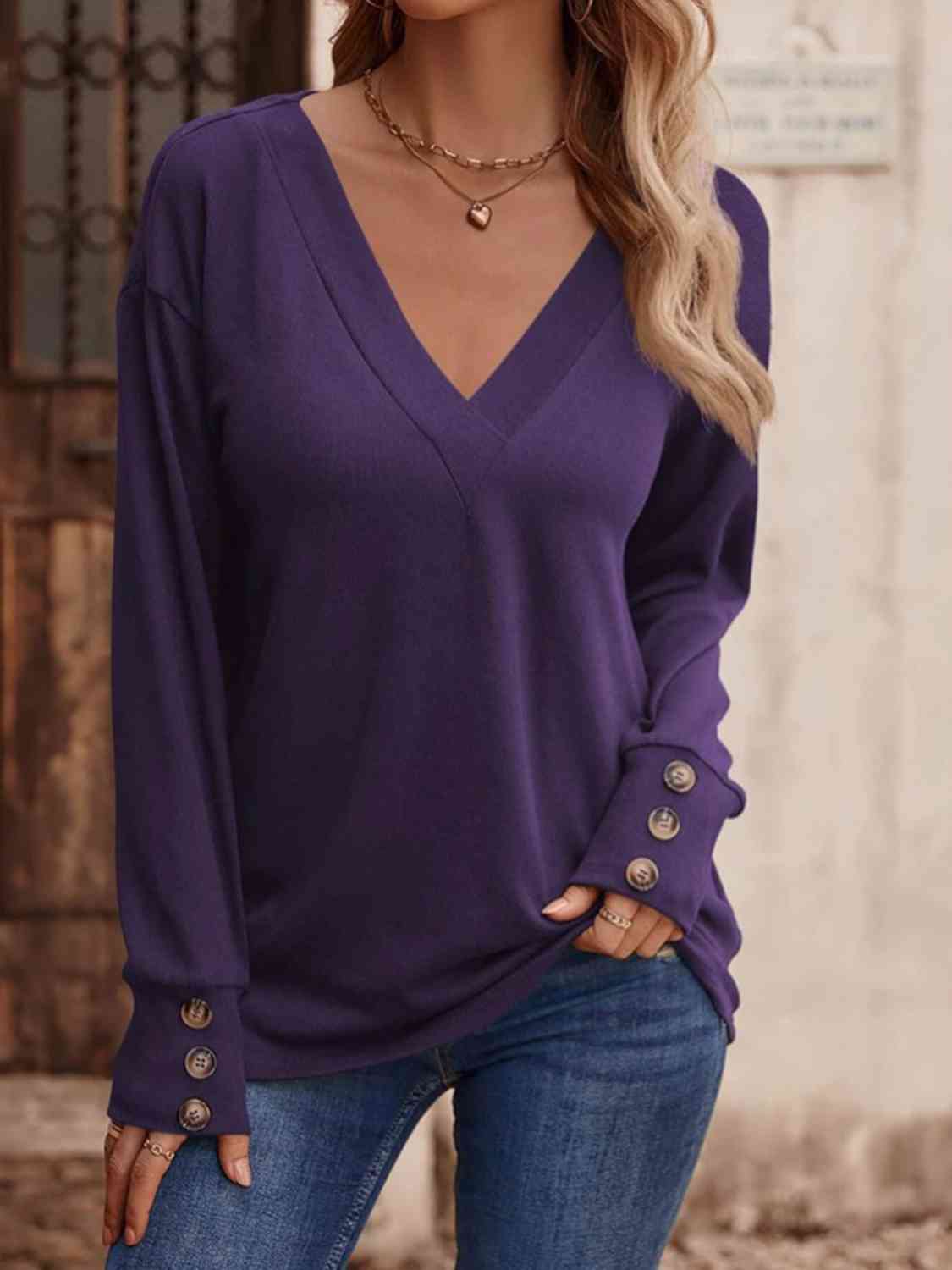 V-Neck Long Sleeve Top BLUE ZONE PLANET