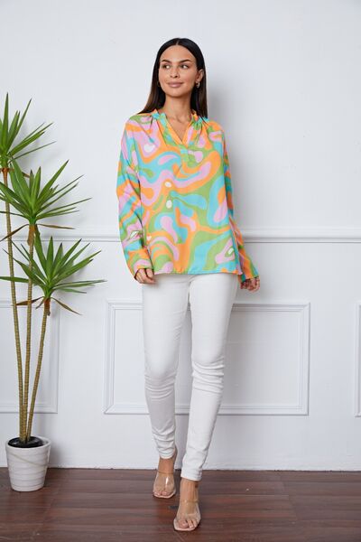 Printed Notched Long Sleeve Blouse BLUE ZONE PLANET