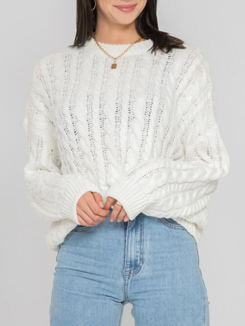 Openwork Round Sleeve Cable-Knit Sweater BLUE ZONE PLANET