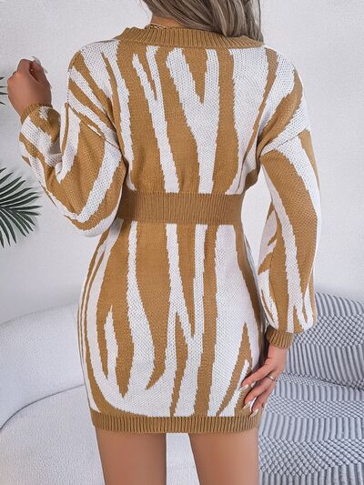 Animal Print V-Neck Long Sleeve Sweater Dress BLUE ZONE PLANET