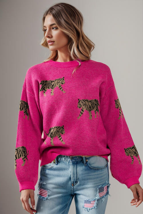 Tiger Pattern Round Neck Drop Shoulder Sweater BLUE ZONE PLANET