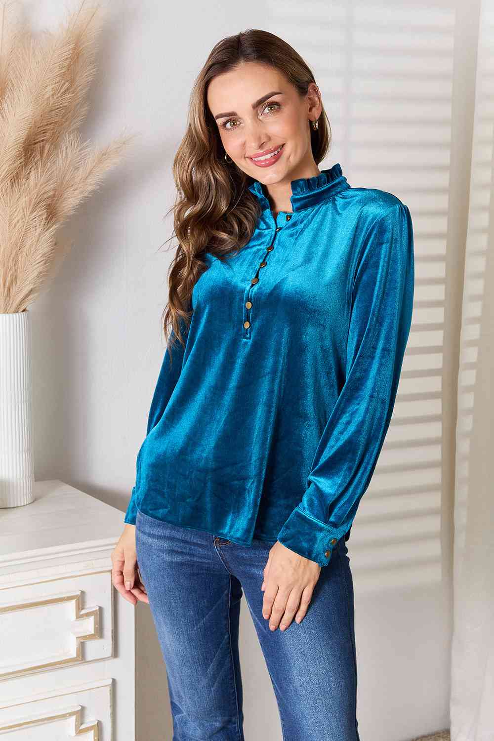 Double Take Notched Neck Buttoned Long Sleeve Blouse BLUE ZONE PLANET