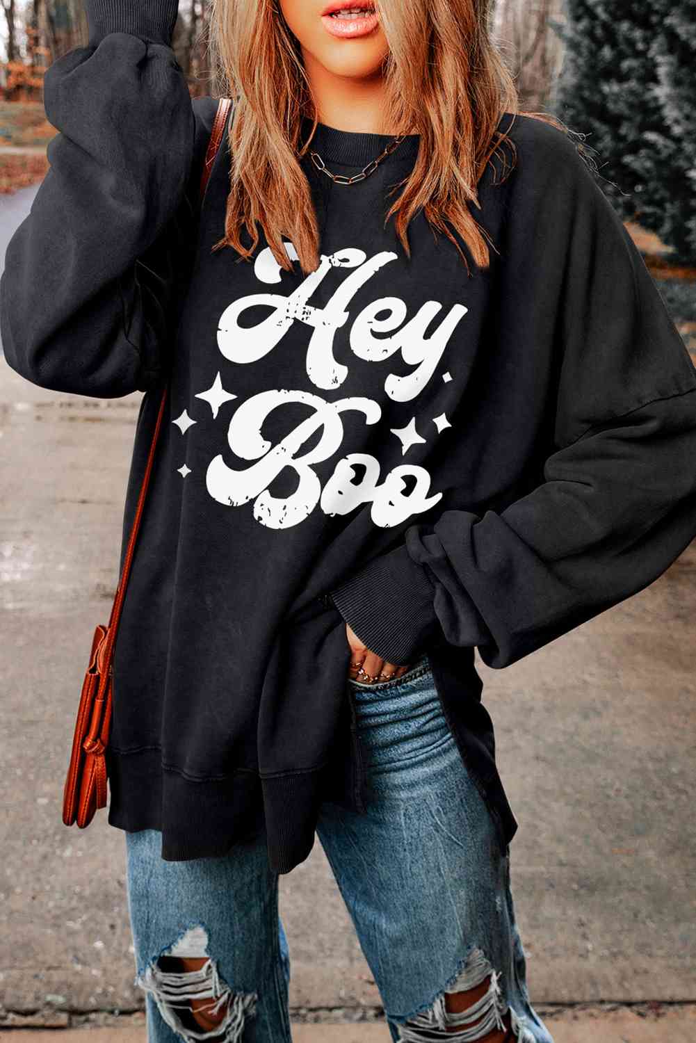 HEY BOO Graphic Round Neck Sweatshirt BLUE ZONE PLANET