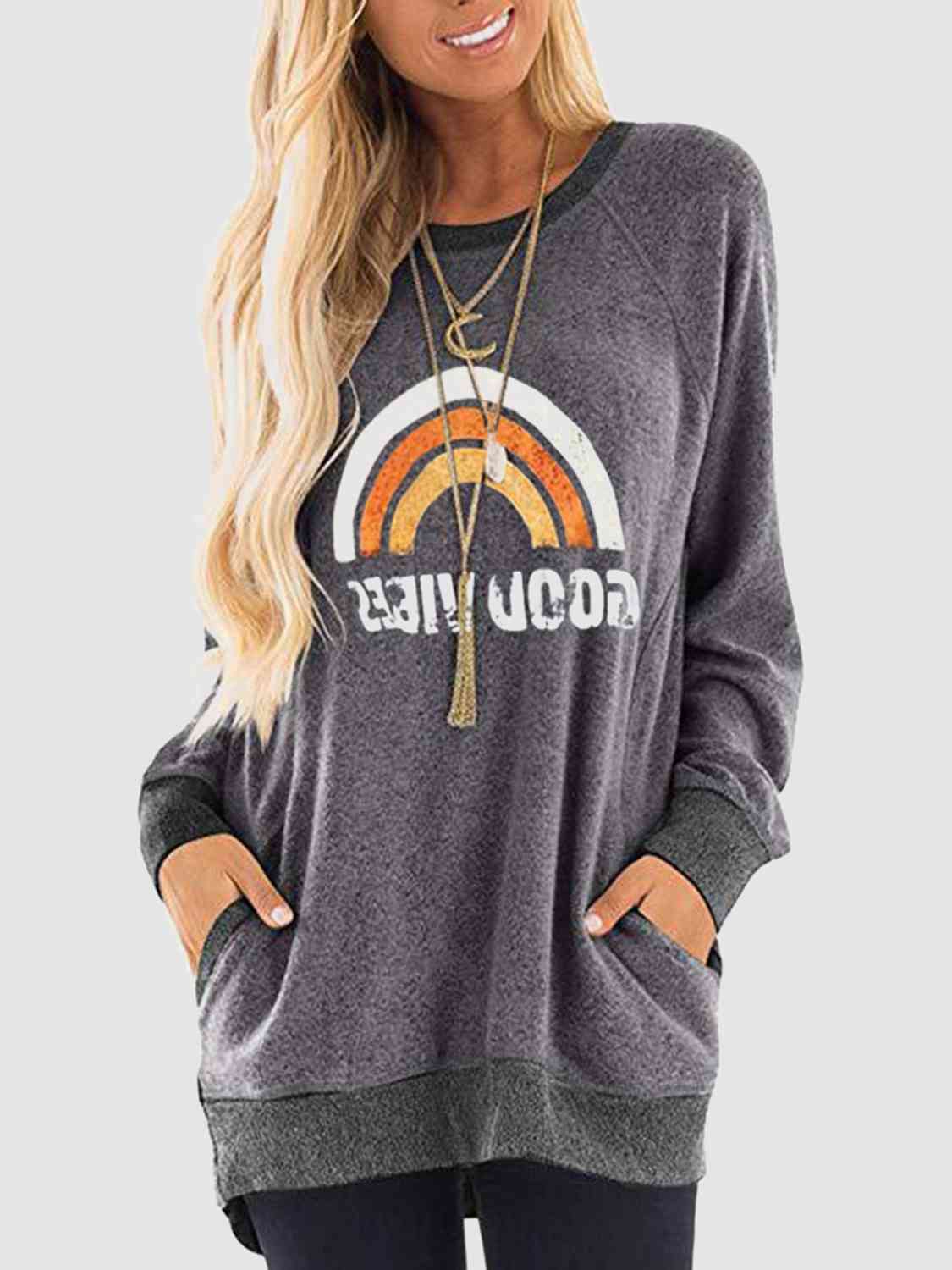 Rainbow Graphic Round Neck Sweatshirt with Pockets BLUE ZONE PLANET