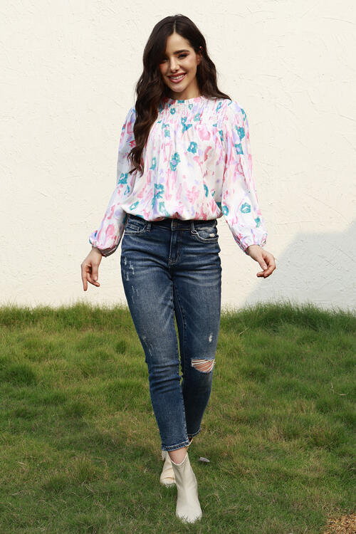 Floral Smocked Balloon Sleeve Round Neck Blouse BLUE ZONE PLANET