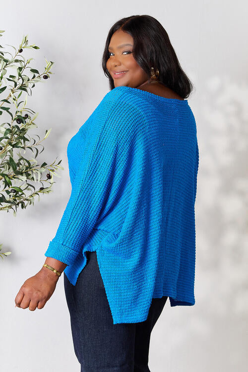 Zenana Full Size Round Neck High-Low Slit Knit Top BLUE ZONE PLANET
