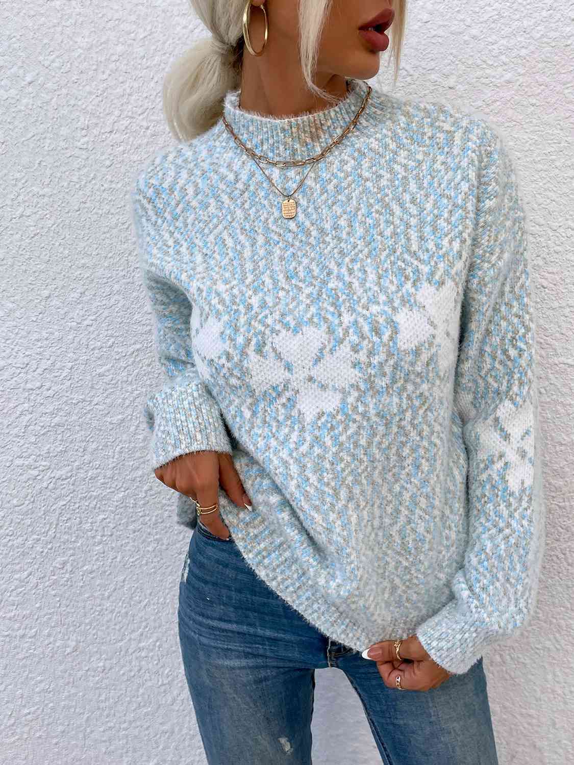 Four Leaf Clover Mock Neck Sweater BLUE ZONE PLANET