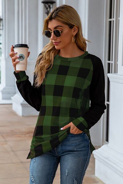 Plaid Round Neck Long Sleeve T-Shirt-TOPS / DRESSES-[Adult]-[Female]-2022 Online Blue Zone Planet