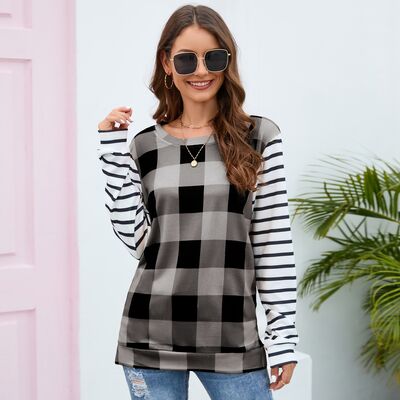 Plaid Striped Round Neck Long Sleeve T-Shirt-TOPS / DRESSES-[Adult]-[Female]-Heather Gray-S-2022 Online Blue Zone Planet