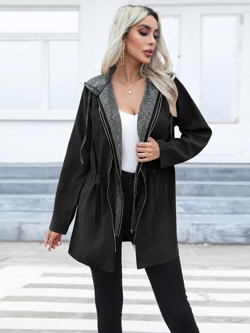 Zip Front Hooded Trench with Belt, Trench Coat