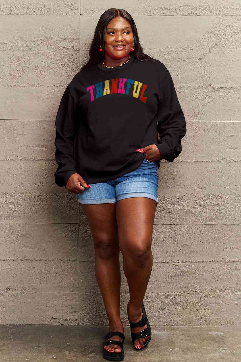 Simply Love Full Size THANKFUL Graphic Sweatshirt BLUE ZONE PLANET