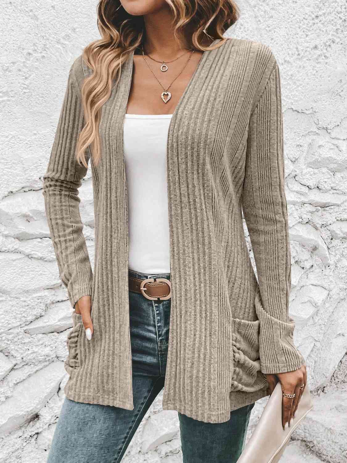 Ribbed Open Front Cardigan with Pockets BLUE ZONE PLANET