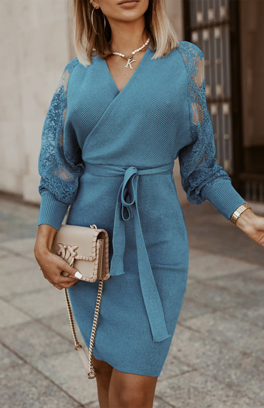 Women's Sexy Lace Long Sleeve Backless Mock Wrap Knit Sweater Mini Dress BLUE ZONE PLANET