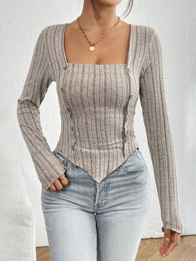 Ribbed Decorative Button Long Sleeve T-Shirt Trendsi