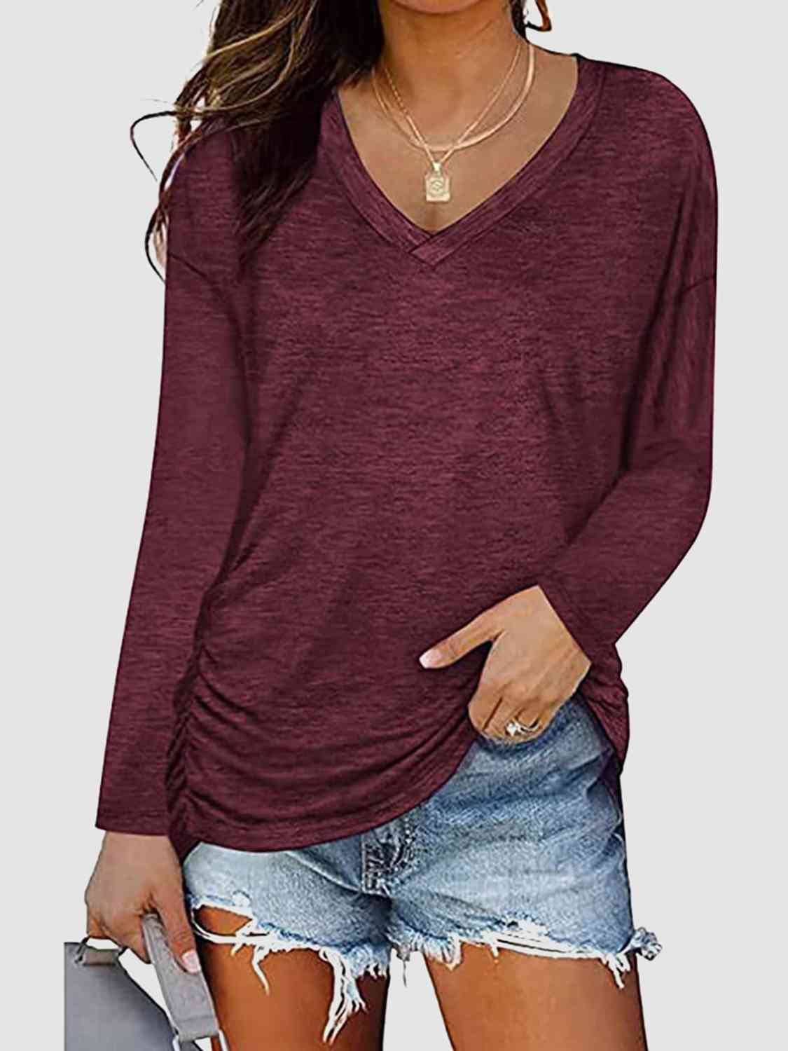 Ruched V-Neck Long Sleeve T-Shirt BLUE ZONE PLANET