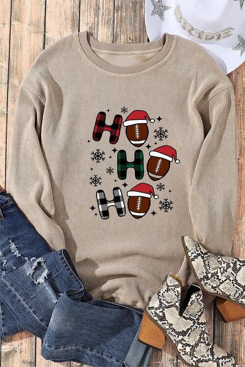 HO HO HO Graphic Ribbed Sweatshirt BLUE ZONE PLANET