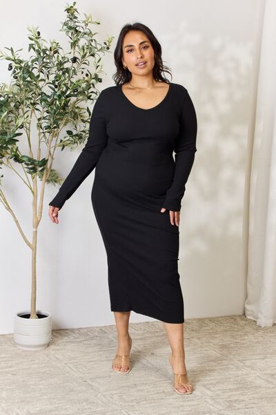 Culture Code Full Size Ribbed Long Sleeve Midi Slit Dress BLUE ZONE PLANET