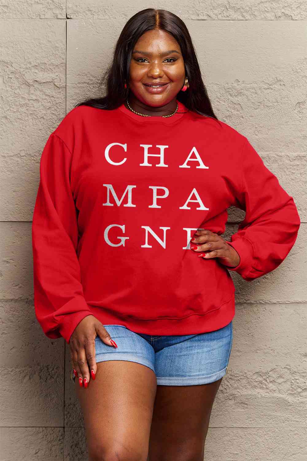 Simply Love Full Size CHAMPAGNE Graphic Long Sleeve Sweatshirt BLUE ZONE PLANET