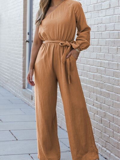 Texture Single Shoulder Tie-Waist Jumpsuit Trendsi