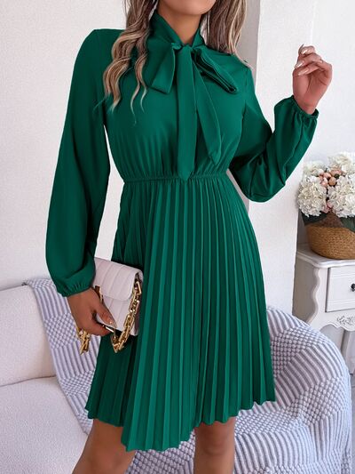 Tie Neck Balloon Sleeve Pleated Dress-TOPS / DRESSES-[Adult]-[Female]-Green-S-2022 Online Blue Zone Planet