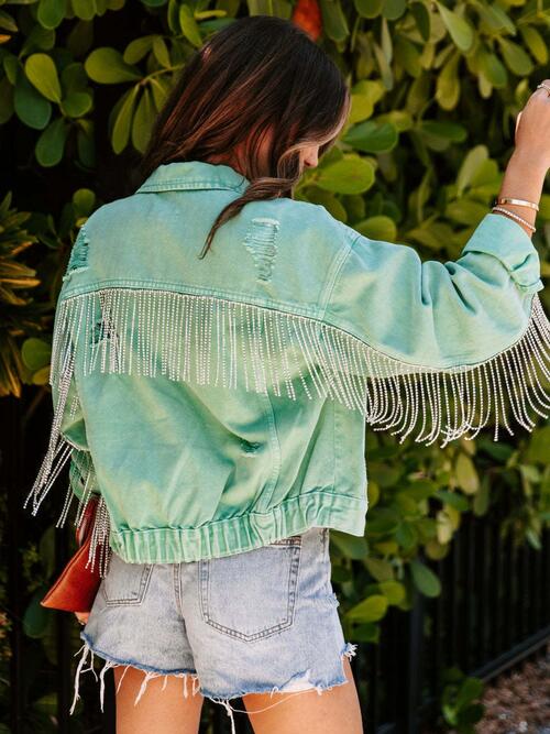 Fringed Chain Raw Hem Distressed Jacket BLUE ZONE PLANET