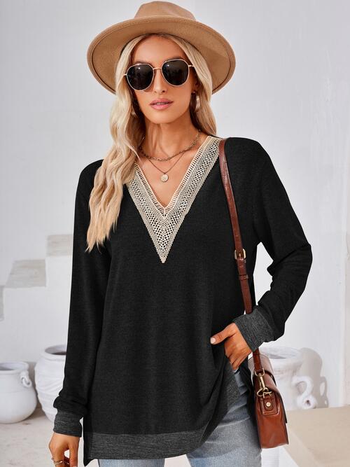 Crochet Contrast V-Neck Long Sleeve Slit T-Shirt BLUE ZONE PLANET