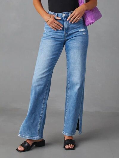 Slit Buttoned Jeans with Pockets BLUE ZONE PLANET