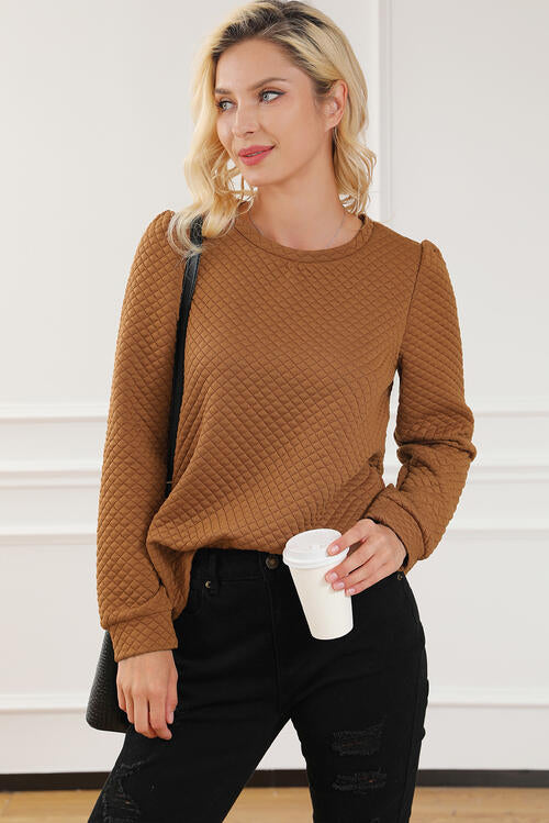 Texture Round Neck Long Sleeve Sweatshirt BLUE ZONE PLANET