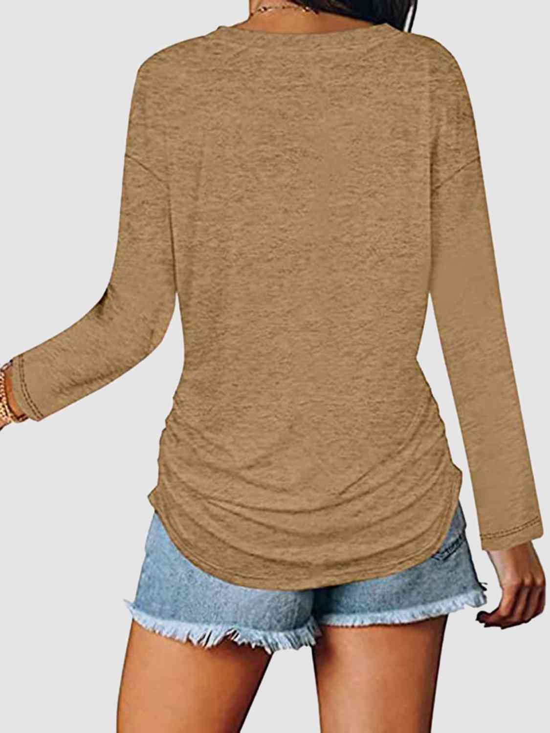 Ruched V-Neck Long Sleeve T-Shirt BLUE ZONE PLANET