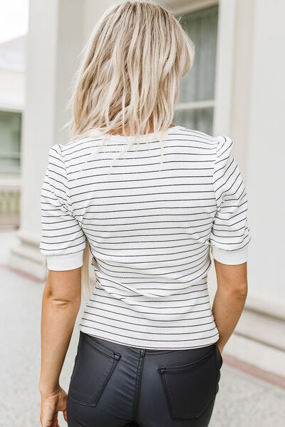 Blue Zone Planet |  Striped Notched Short Sleeve T-Shirt BLUE ZONE PLANET