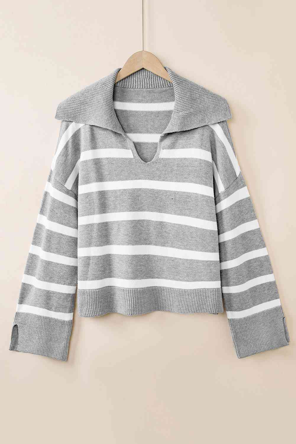 Striped Collared Neck Slit Sweater BLUE ZONE PLANET