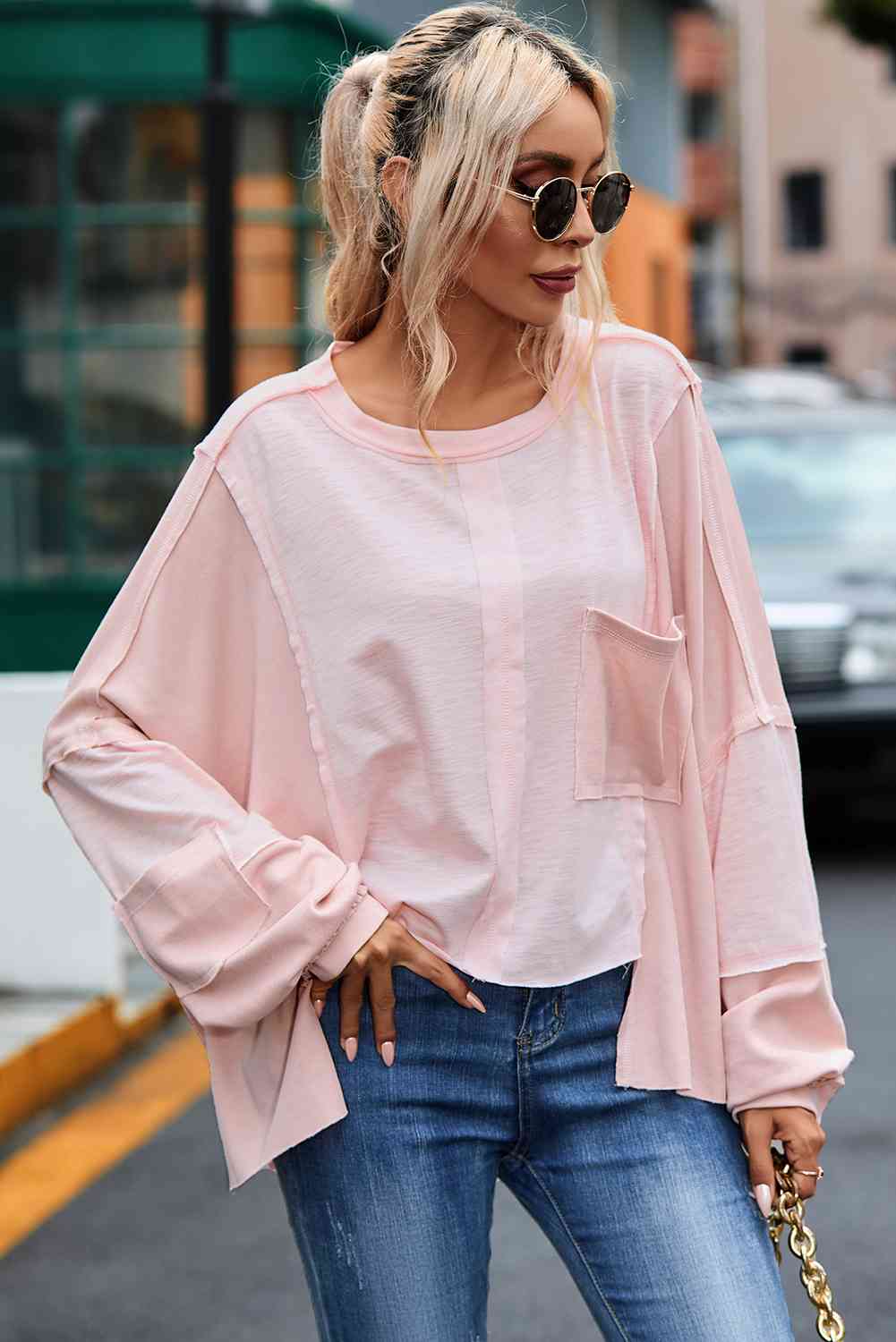 Exposed Seam Round Neck Top with Pocket BLUE ZONE PLANET