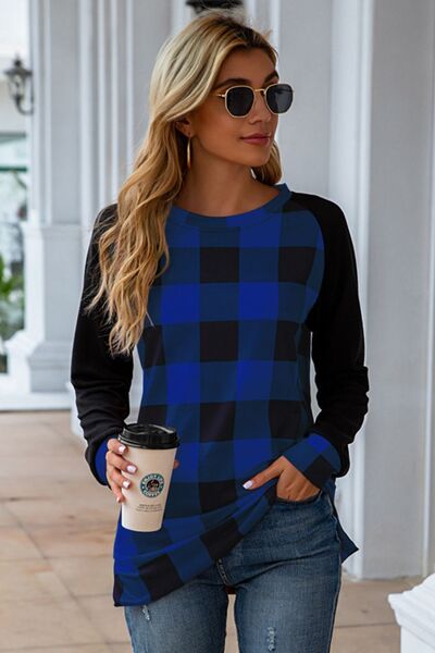 Plaid Round Neck Long Sleeve T-Shirt-TOPS / DRESSES-[Adult]-[Female]-Cobald Blue-S-2022 Online Blue Zone Planet