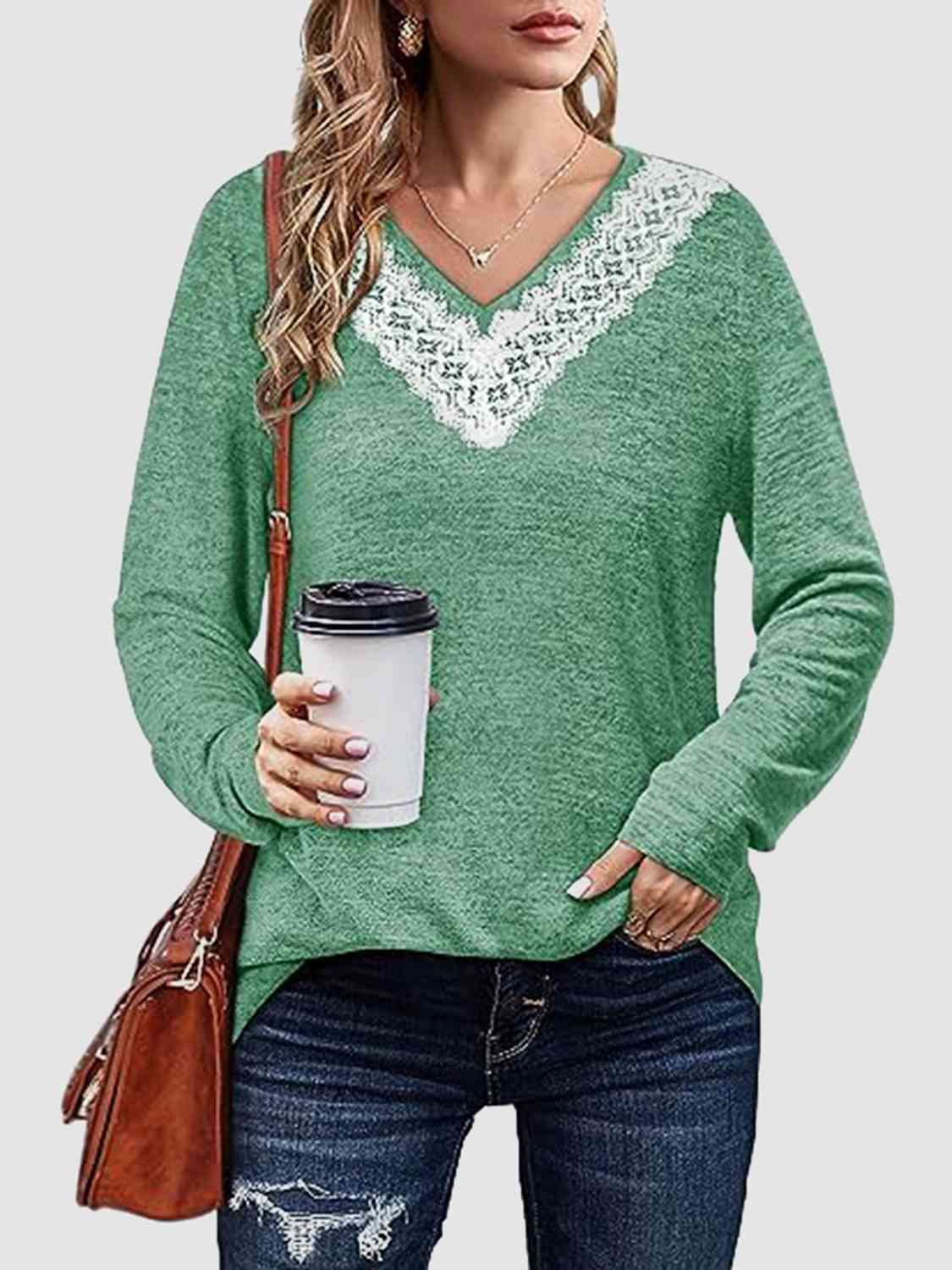 Lace Detail V-Neck Long Sleeve Top BLUE ZONE PLANET