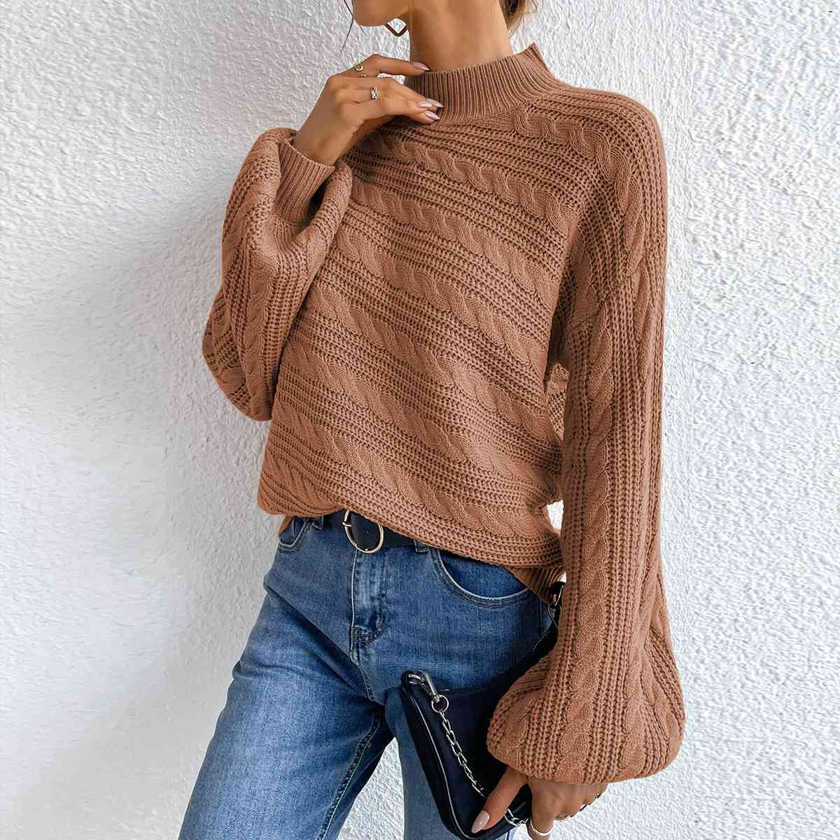 Cable-Knit Mock Neck  Long Sleeve Sweater BLUE ZONE PLANET