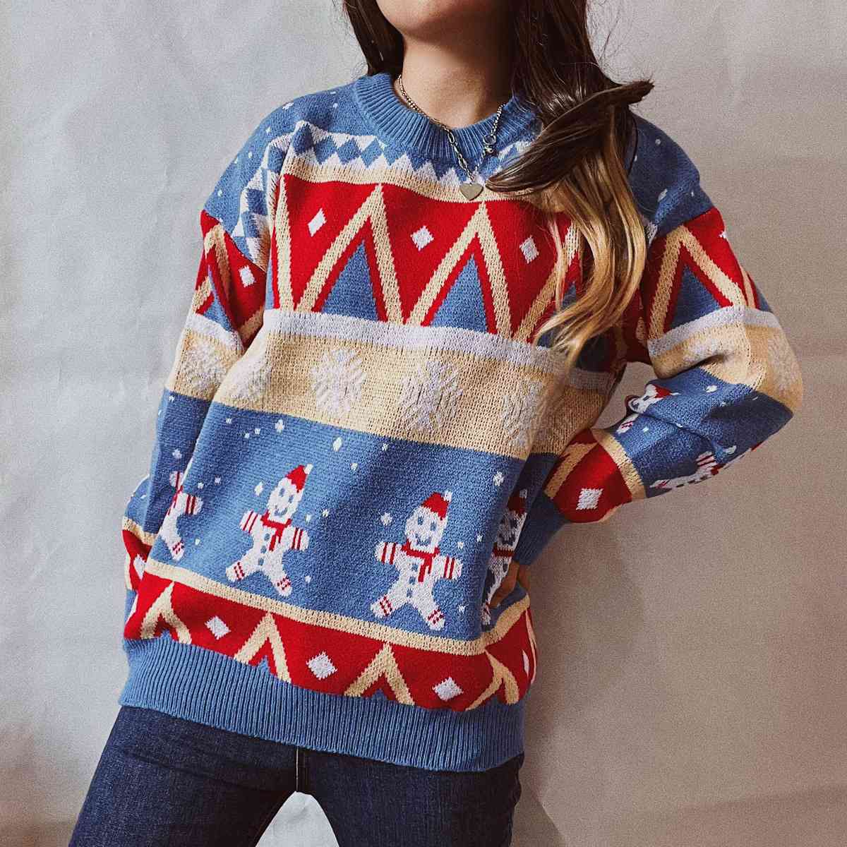 Printed Round Neck Long Sleeve Sweater BLUE ZONE PLANET