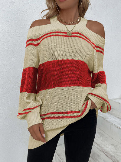 Blue Zone Planet |  Color Block Striped Cold Shoulder Sweater BLUE ZONE PLANET