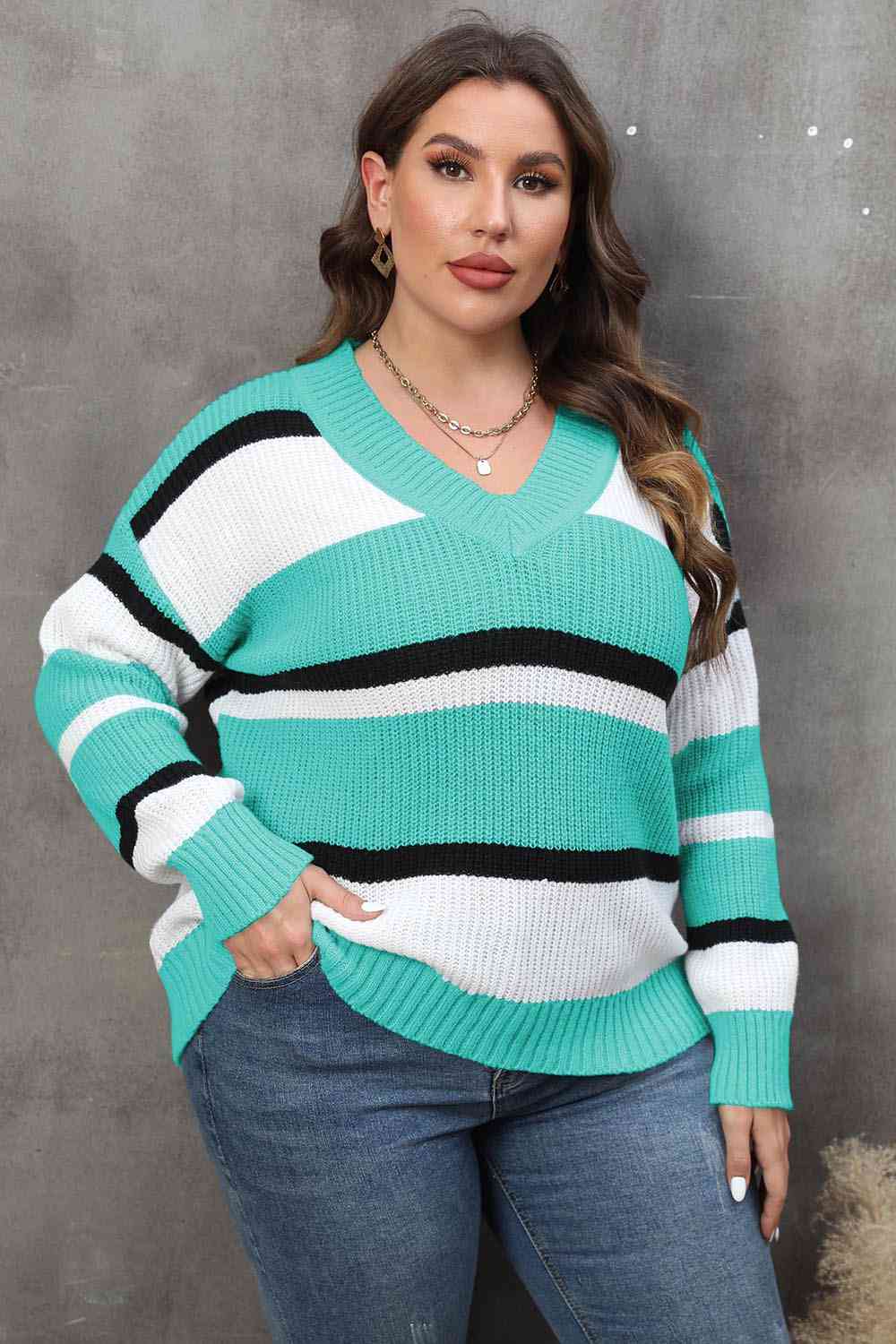 Plus Size Striped V-Neck Dropped Shoulder Sweater BLUE ZONE PLANET
