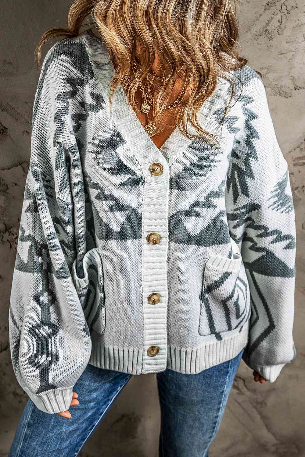 Printed Button Up V-Neck Long Sleeve Cardigan BLUE ZONE PLANET