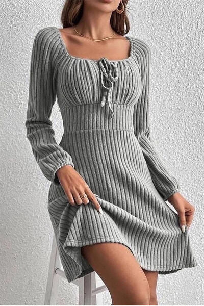 Ribbed Tied Square Neck Long Sleeve Mini Dress BLUE ZONE PLANET