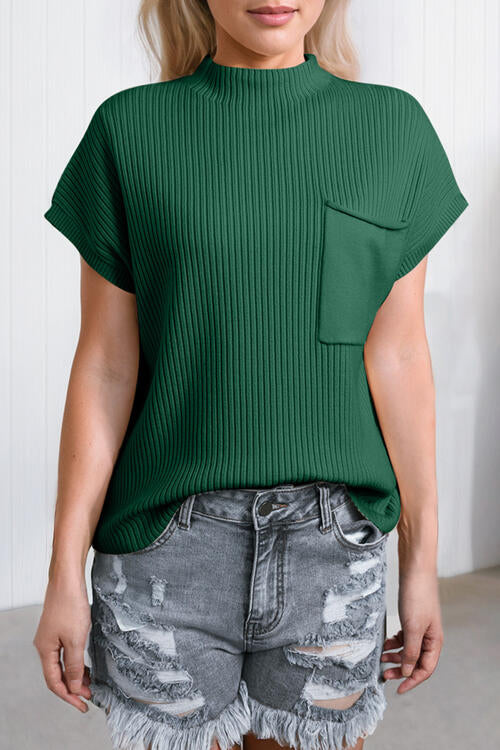 Ribbed Mock Neck Short Sleeve Knit Top BLUE ZONE PLANET
