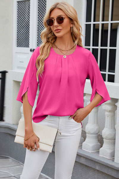 Blue Zone Planet |  Round Neck Slit Half Sleeve Top BLUE ZONE PLANET