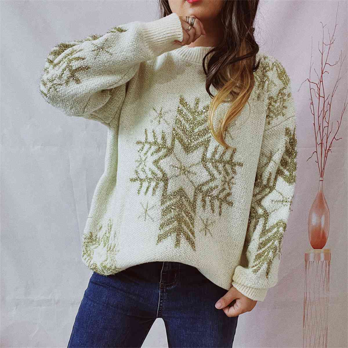 Snowflake Pattern Long Sleeve Sweater BLUE ZONE PLANET