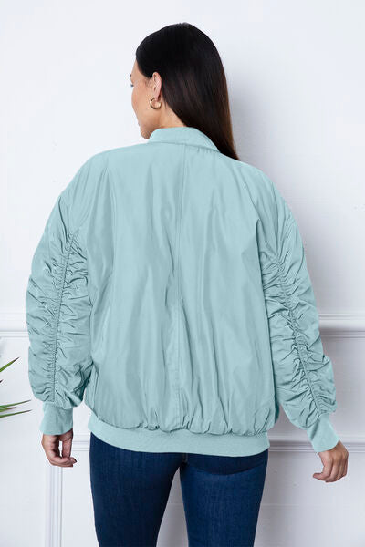 Ruched Zip Up Dropped Shoulder Jacket BLUE ZONE PLANET
